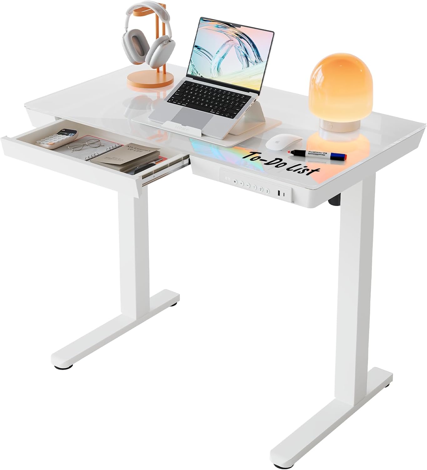HUANUO Glass Standing Desk with Drawers