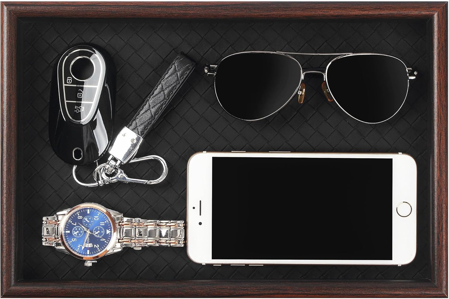 Wooden Valet Tray with Leather Base - Nightstand Catchall Organizer for Cologne