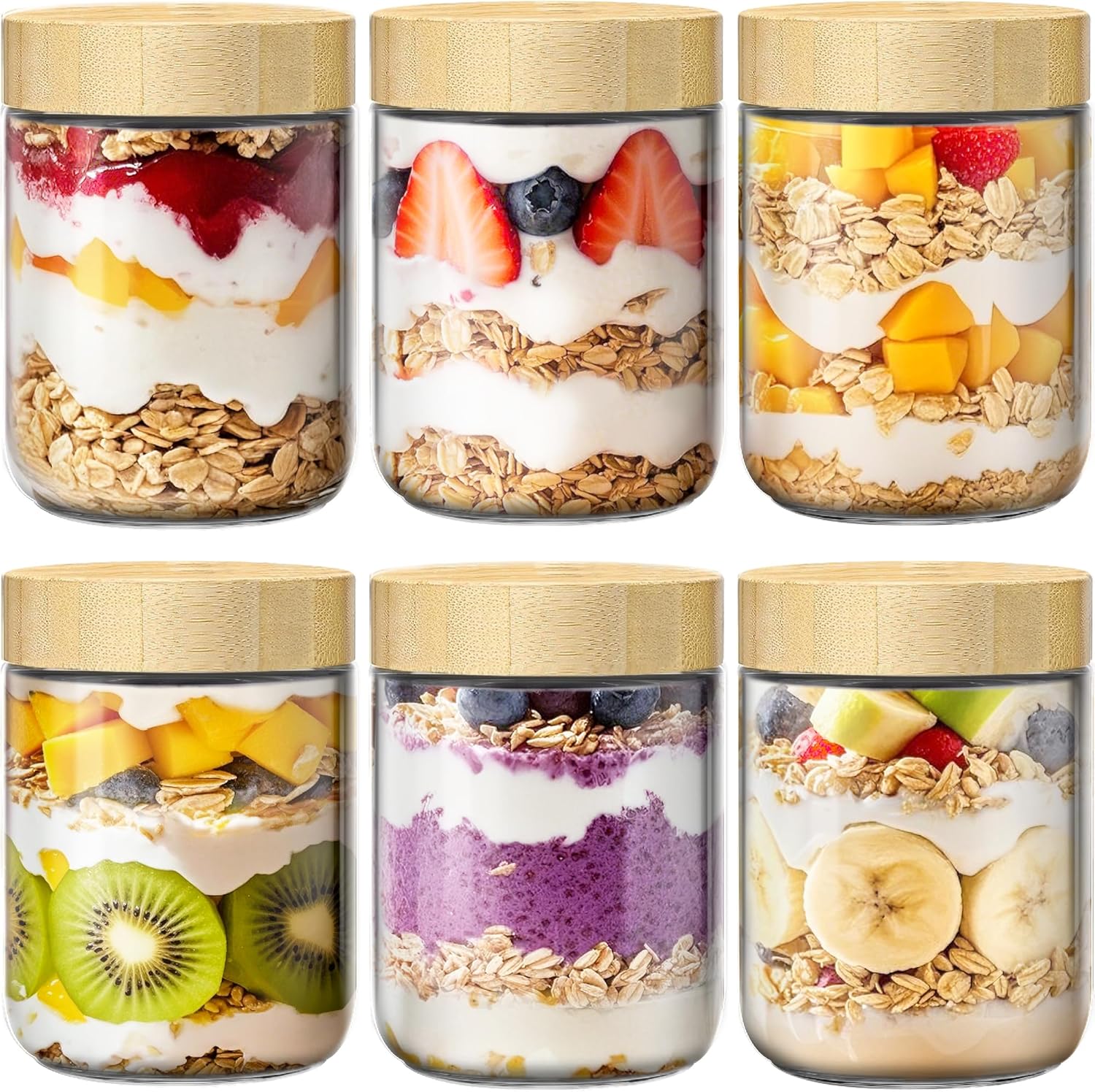 6 Pack 16oz Overnight Oats Containers with Bamboo Lids