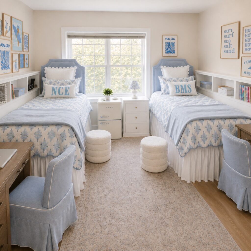 coastal blue and white twin dorm setup