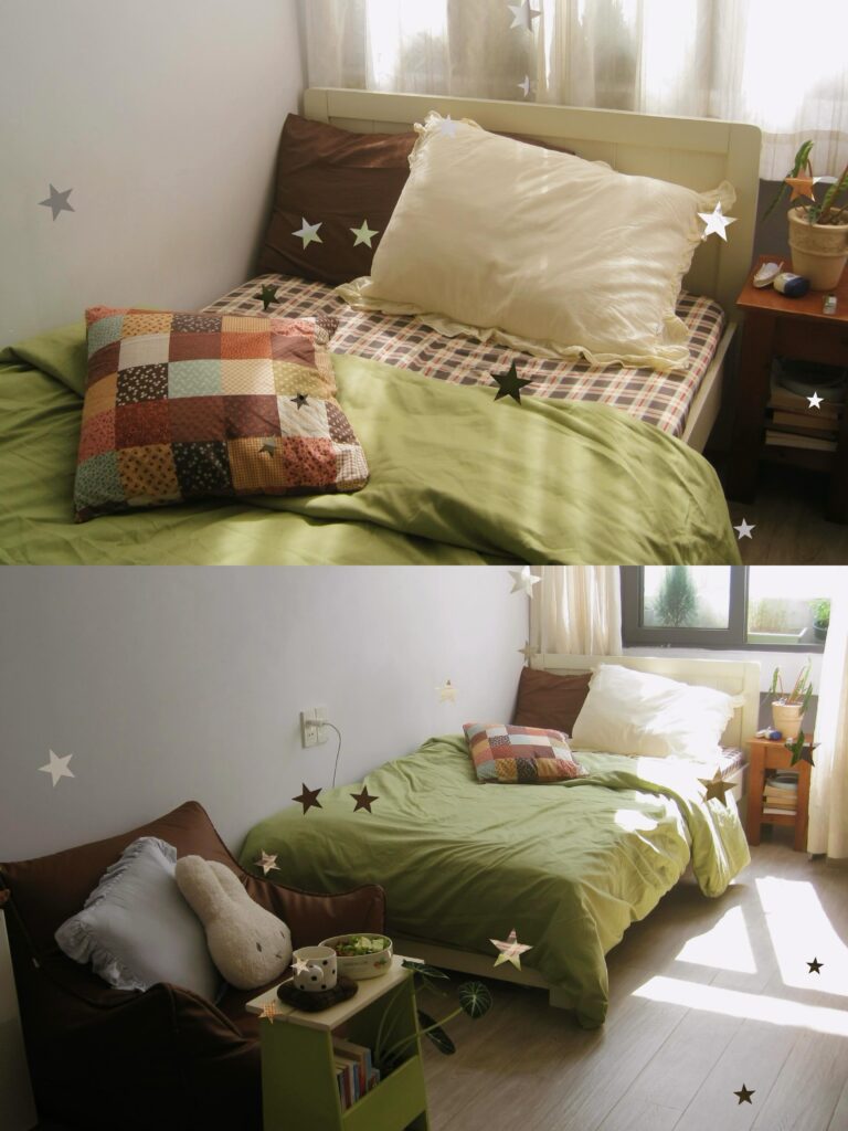 earthy patchwork and olive green dorm bed a grounded retreat to envy