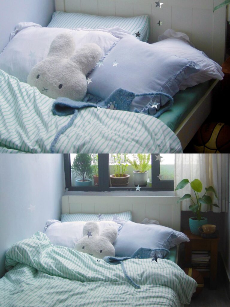 pastel mint and whimsical bunny dorm bed