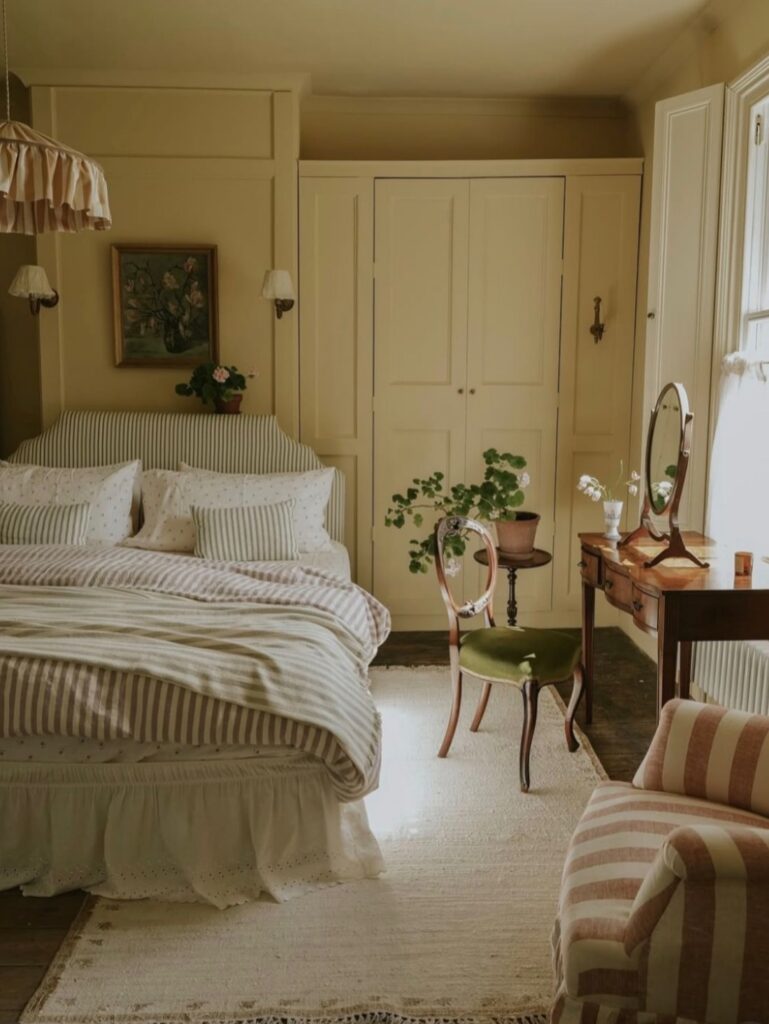 vintage cream and striped cottage dorm bed