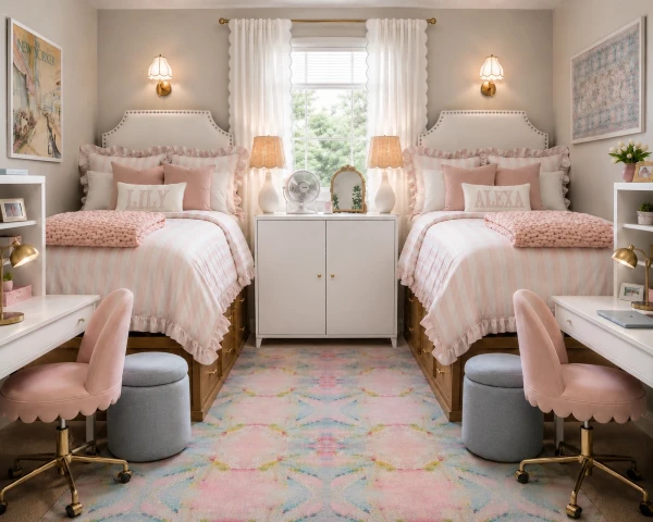 blush pink and brass symmetrical retreat diy decor ideas for a stylish college room