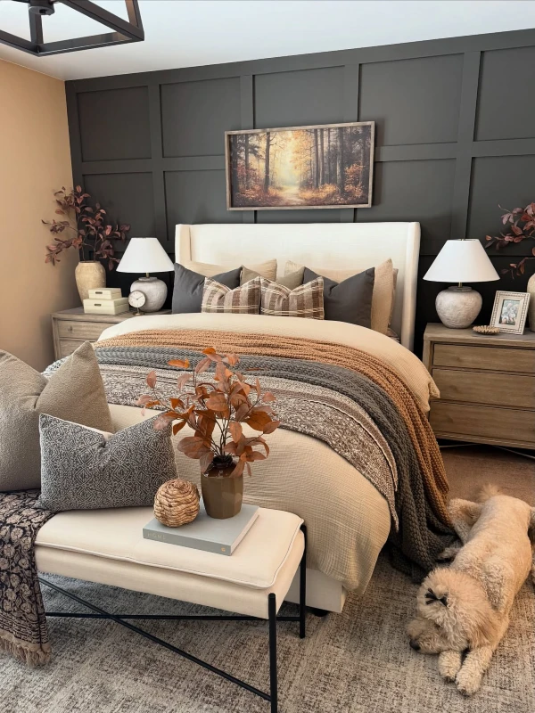 charcoal and rust retreat bedroom decorating for a cozy autumn transition