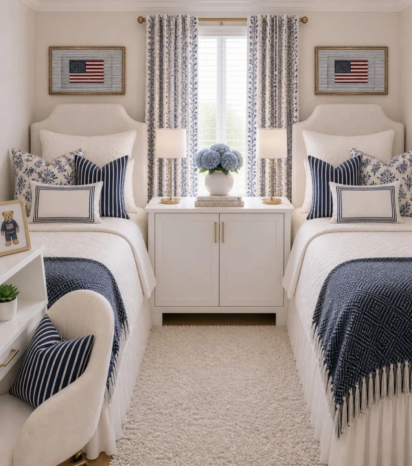 classic navy and white americana shared room diy decor ideas for a stylish college room