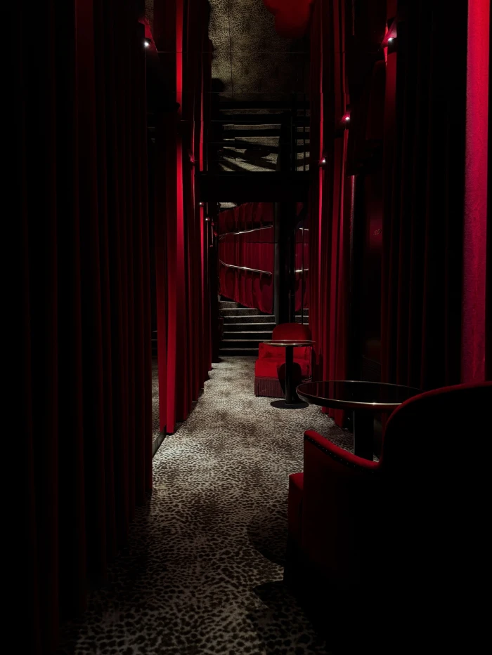 dramatic scarlet and leopard print corridor