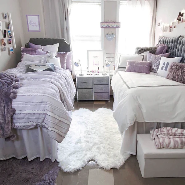 glamorous lilac and charcoal shared haven diy decor inspiration for a stylish college room