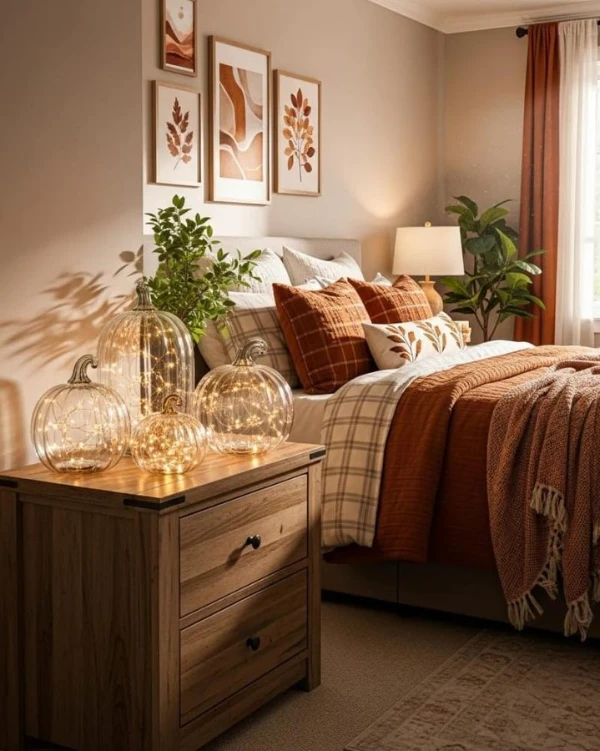 glowing amber and plaid retreat bedroom illuminating chilly autumn evenings