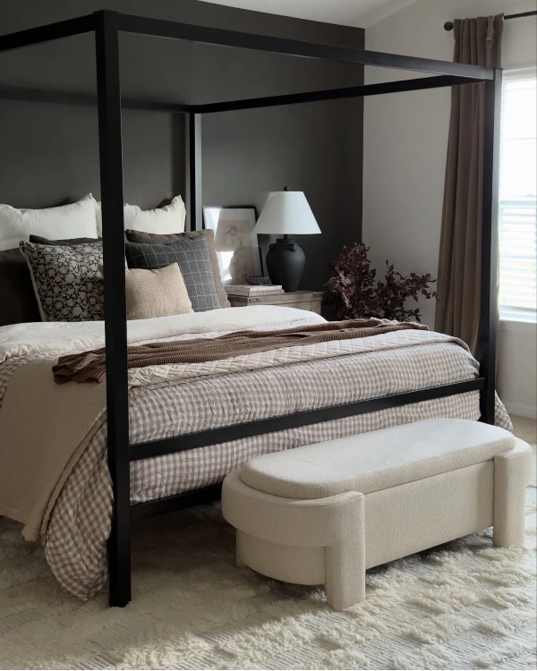 moody charcoal and gingham canopy bedroom anchoring your space for autumn