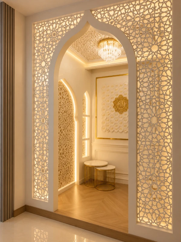radiant white and gold prayer alcove elevating mindful practices with illuminated elegance