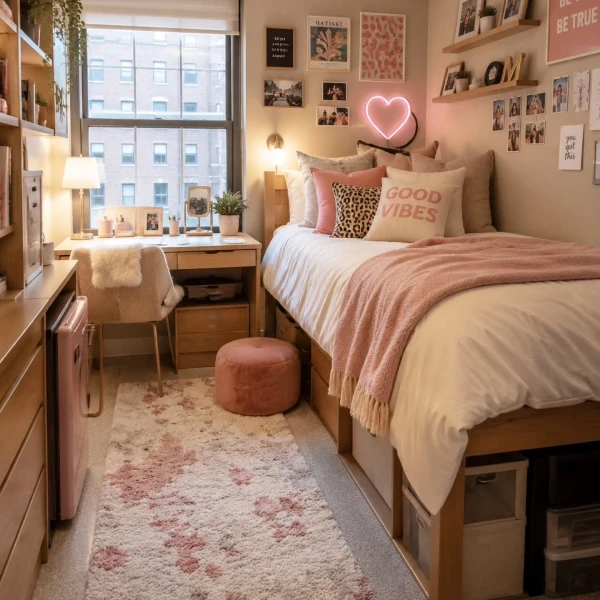 warm pink and wood eclectic haven diy decor inspiration for a stylish college room