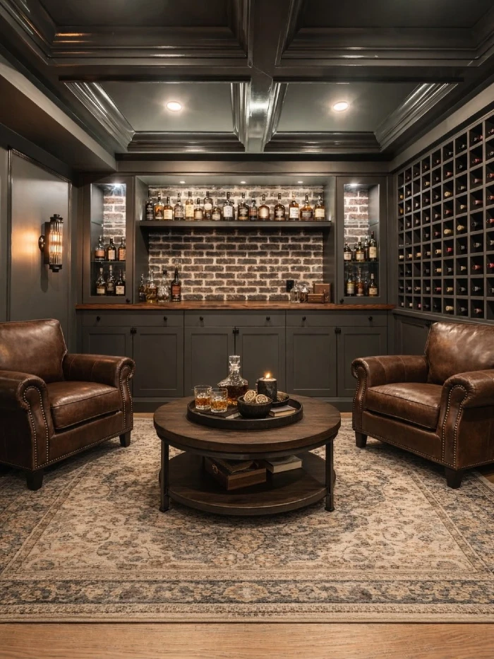 whitewashed brick and charcoal lounge